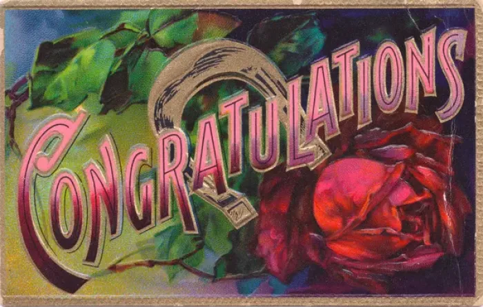 Framed Print : Red rose and horseshoe on a Congratulations postcard Framed Print : Red rose and horseshoe on a Congratulations postcard