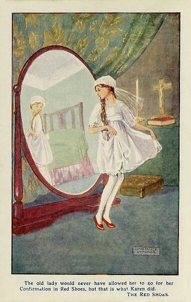 The Red Shoes -- a young girl dressed in white for her confirmation looks