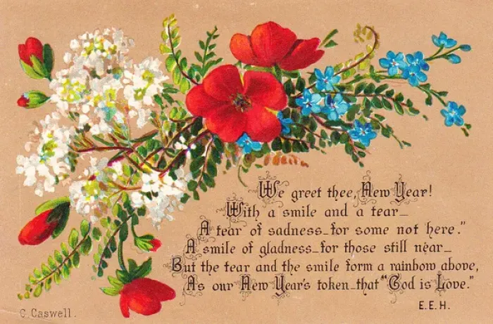 Framed Print : Red, white and blue flowers on a New Year card Framed Print : Red, white and blue flowers on a New Year card