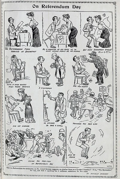 On Referendum Day cartoon illustrations by Norman Morrow. Showing imagined scenes of husband and wife on referendum day, including at breakfast, discussions, visits of canvassers, and to the Red Lion pub, and finally home
