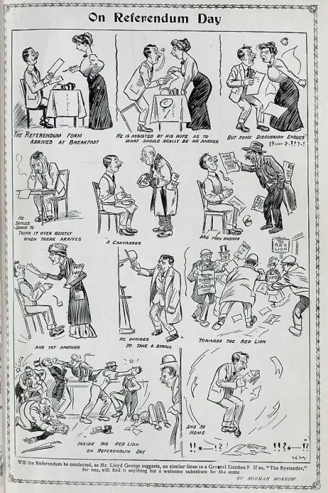 Framed Print : On Referendum Day cartoon illustrations by Norman Morrow. Showing imagined scenes of husband and wife on referendum day, including at breakfast, discussions, visits of canvassers, and to the Red Lion pub, and finally home Framed Print : On Referendum Day cartoon illustrations by Norman Morrow. Showing imagined scenes of husband and wife on referendum day, including at breakfast, discussions, visits of canvassers, and to the Red Lion pub, and finally home