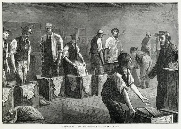 Framed Print : Refilling chests at a tea warehouse 1874 Framed Print : Refilling chests at a tea warehouse 1874