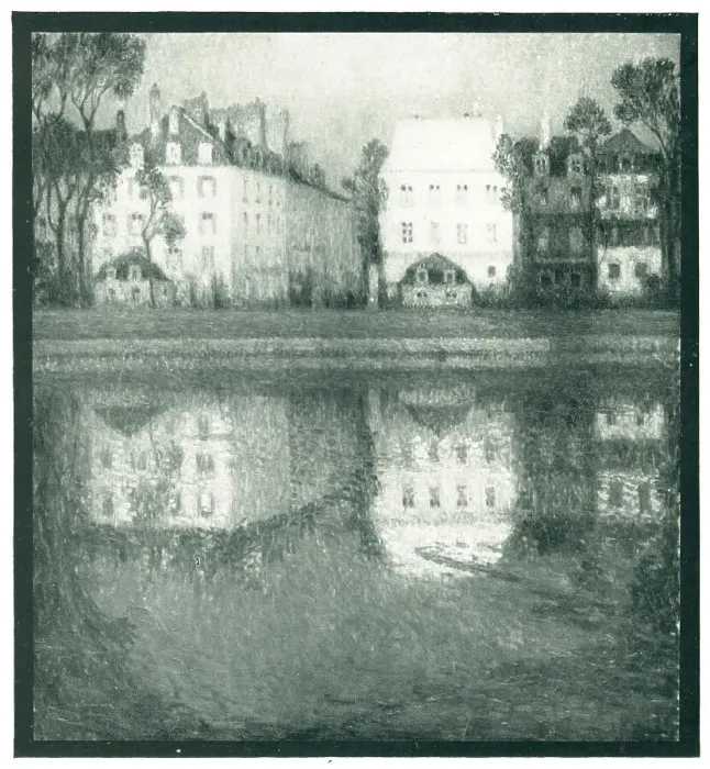 Framed Print : Reflets. A painting of some tidy, large town buildings, boldly reflected in the calm river Framed Print : Reflets. A painting of some tidy, large town buildings, boldly reflected in the calm river