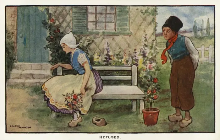 Framed Print : Refused. Dutch girl with a bunch of flowers turns away Framed Print : Refused. Dutch girl with a bunch of flowers turns away