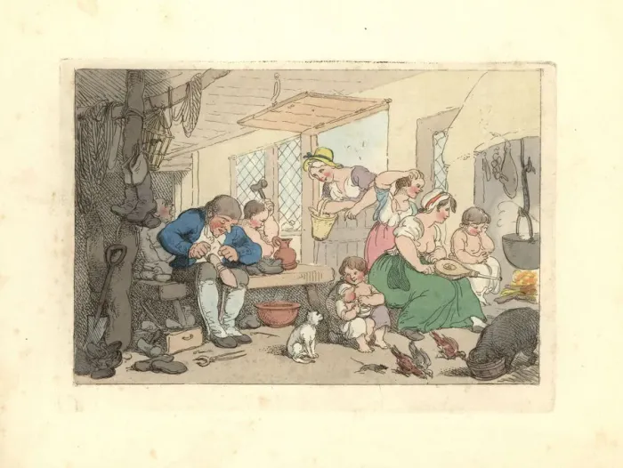 Framed Print : Regency cobbler mending shoes in a crowded room Framed Print : Regency cobbler mending shoes in a crowded room