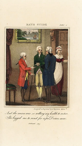 Regency doctors in wigs and frock coats consult with a nurse