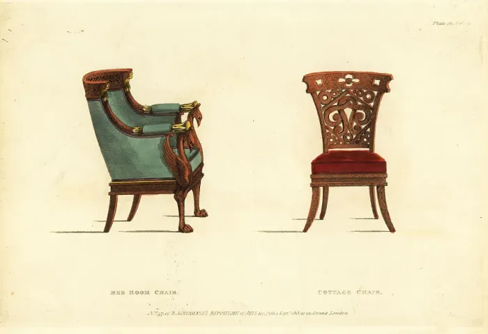 Framed Print : Regency-era bedroom chair and antique cottage chair, 1813 Framed Print : Regency-era bedroom chair and antique cottage chair, 1813
