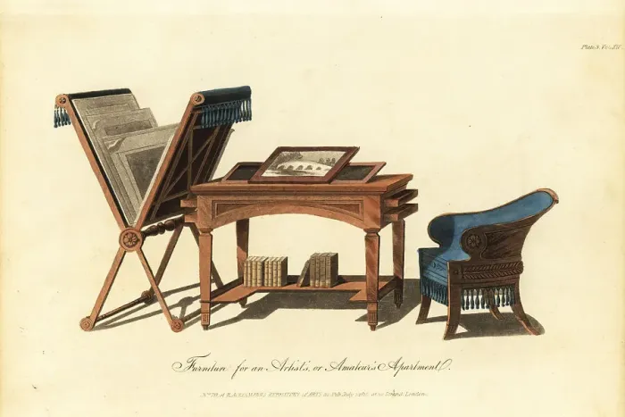 Framed Print : Regency-era desk, chair and rack for an artist's apartment, 1815 Framed Print : Regency-era desk, chair and rack for an artist's apartment, 1815