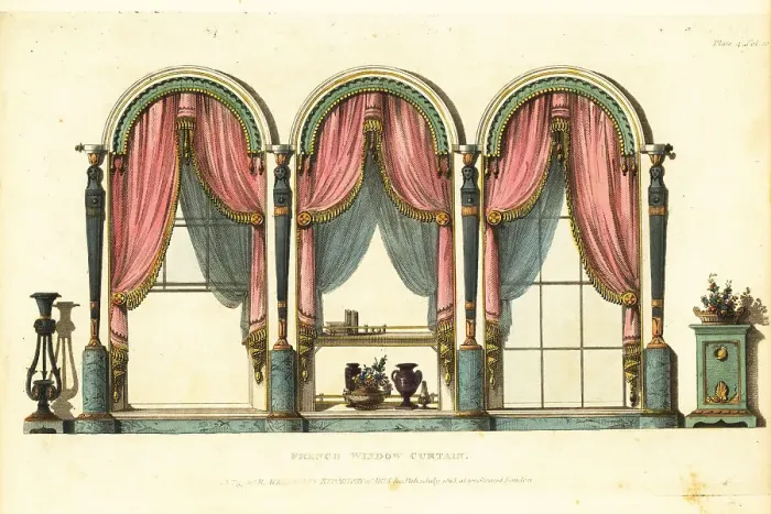 Framed Print : Regency-era French window curtains, 1813 Framed Print : Regency-era French window curtains, 1813