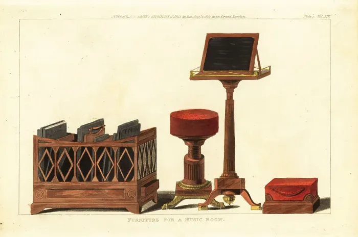 Framed Print : Regency-era ordonnateur, music stand, stool and footrest Framed Print : Regency-era ordonnateur, music stand, stool and footrest