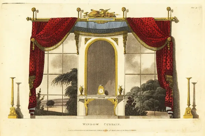 Framed Print : Regency era window curtains for a boudoir, 1800 Framed Print : Regency era window curtains for a boudoir, 1800