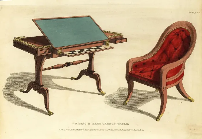 Framed Print : Regency-era writing and backgammon table with chair Framed Print : Regency-era writing and backgammon table with chair