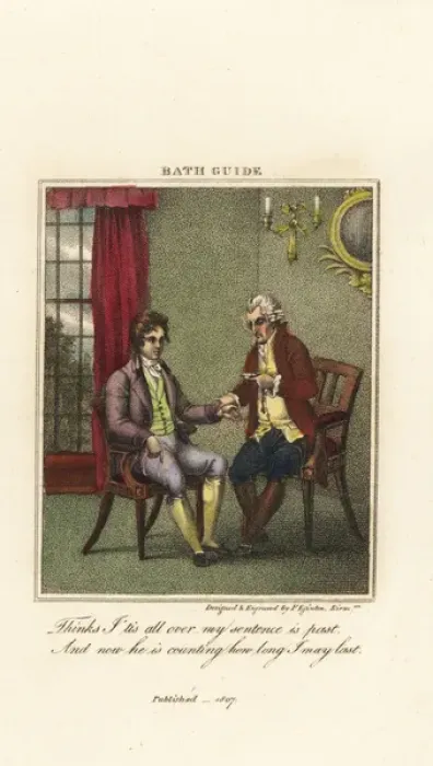 Framed Print : Regency gentleman having his pulse taken by a doctor Framed Print : Regency gentleman having his pulse taken by a doctor