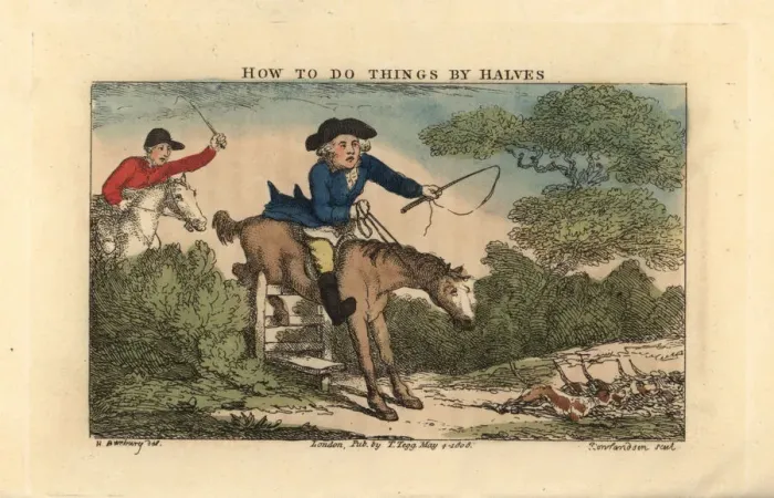 Framed Print : Regency gentleman on a horse caught on a sty Framed Print : Regency gentleman on a horse caught on a sty