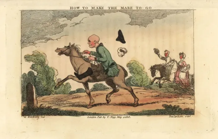 Framed Print : Regency gentleman loses his hat and wig on a mare Framed Print : Regency gentleman loses his hat and wig on a mare