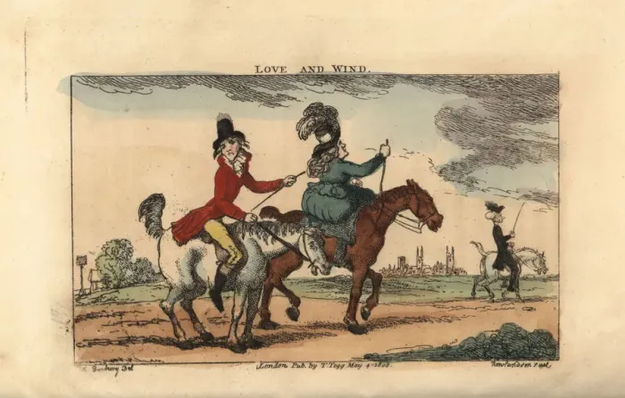 Framed Print : Regency gentleman riding with his belle Framed Print : Regency gentleman riding with his belle