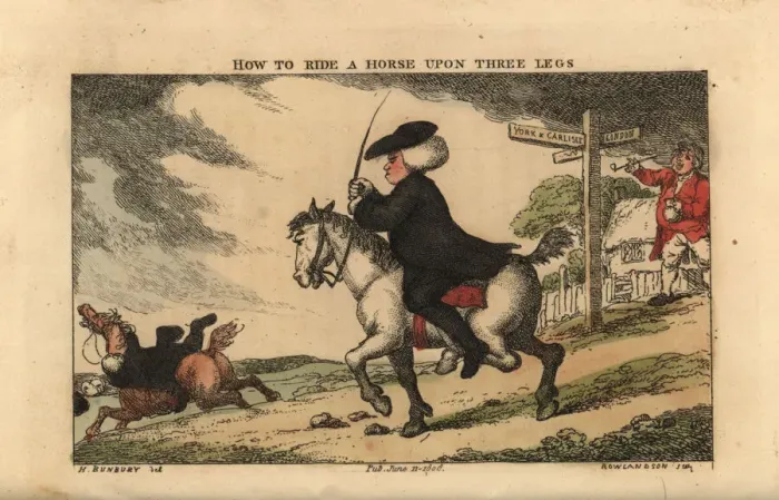 Framed Print : Regency gentleman riding a horse with one hind leg tied Framed Print : Regency gentleman riding a horse with one hind leg tied