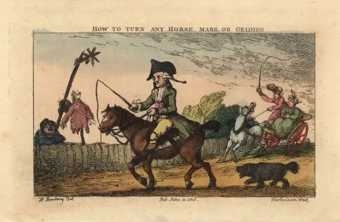 Framed Print : Regency gentleman using a whip to steer a horse Framed Print : Regency gentleman using a whip to steer a horse