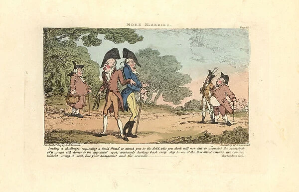 Two Regency gentlemen about to fight a duel with pistols