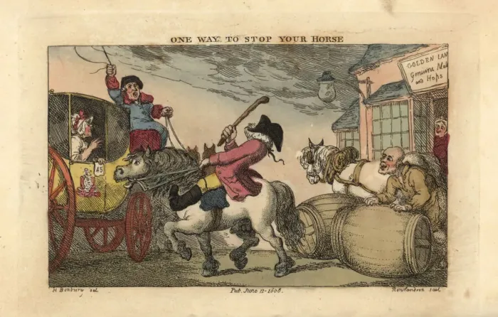 Framed Print : Regency horse rider about to crash into a stage coach Framed Print : Regency horse rider about to crash into a stage coach