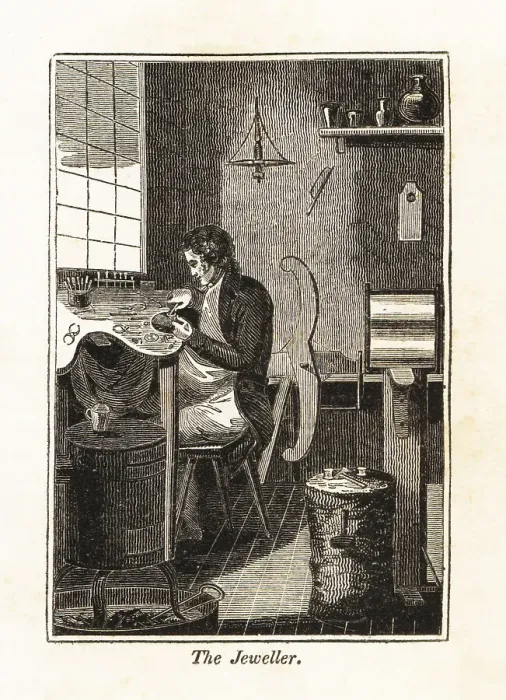 Framed Print : Regency jeweller working at his bench in a workshop Framed Print : Regency jeweller working at his bench in a workshop