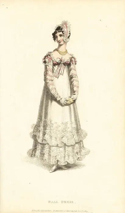 Framed Print : Regency lady in ball gown and fichu a la Marmotte, 1817 Framed Print : Regency lady in ball gown and fichu a la Marmotte, 1817