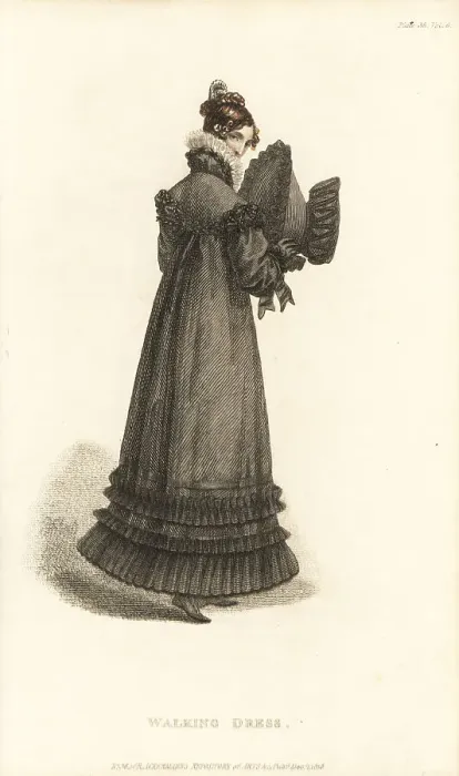 Framed Print : Regency lady in black walking dress, 1818 Framed Print : Regency lady in black walking dress, 1818