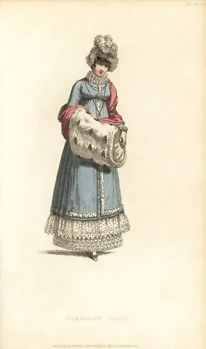 Framed Print : Regency lady in carriage dress with ermine muff, 1817 Framed Print : Regency lady in carriage dress with ermine muff, 1817
