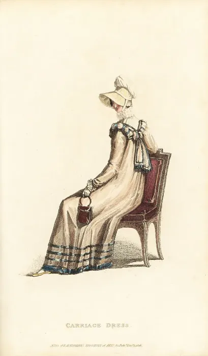 Framed Print : Regency lady in carriage dress seated on a chair Framed Print : Regency lady in carriage dress seated on a chair