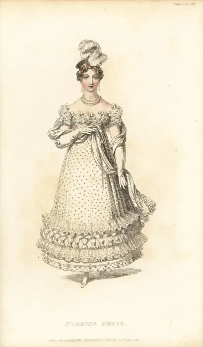 Framed Print : Regency lady in evening dress with bandeau headdress, 1819