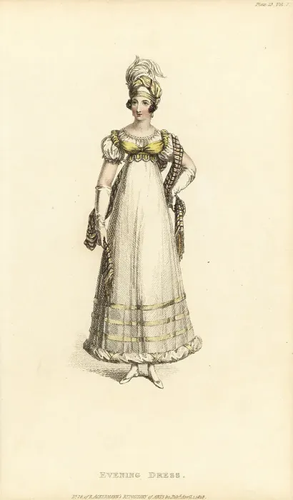 Framed Print : Regency lady in evening dress and Cambridge toque, 1818 Framed Print : Regency lady in evening dress and Cambridge toque, 1818