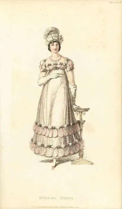 Framed Print : Regency lady in evening dress and Gloucester turban, 1817 Framed Print : Regency lady in evening dress and Gloucester turban, 1817