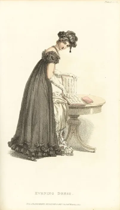 Framed Print : Regency lady in evening dress reading a musical score, 1820 Framed Print : Regency lady in evening dress reading a musical score, 1820