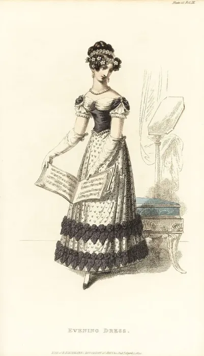 Framed Print : Regency lady in evening dress reading a musical score, 1820