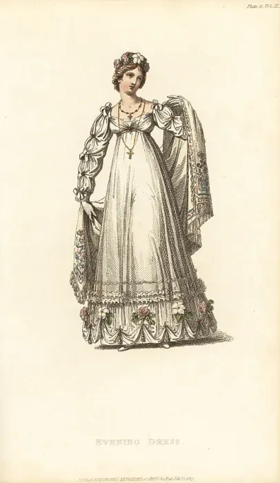 Framed Print : Regency lady in evening dress and transparent silk shawl, 1817 Framed Print : Regency lady in evening dress and transparent silk shawl, 1817