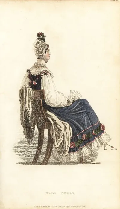 Framed Print : Regency lady in half dress seated with fan, 1816 Framed Print : Regency lady in half dress seated with fan, 1816
