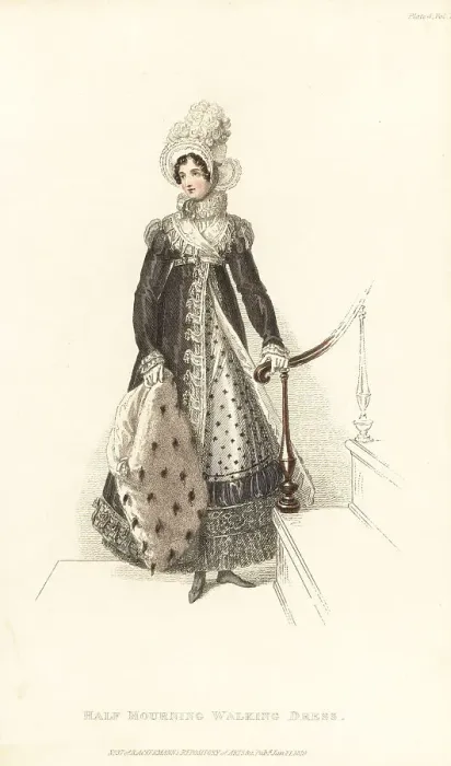 Framed Print : Regency lady in half-mourning walking dress and gipsy hat, 1819 Framed Print : Regency lady in half-mourning walking dress and gipsy hat, 1819
