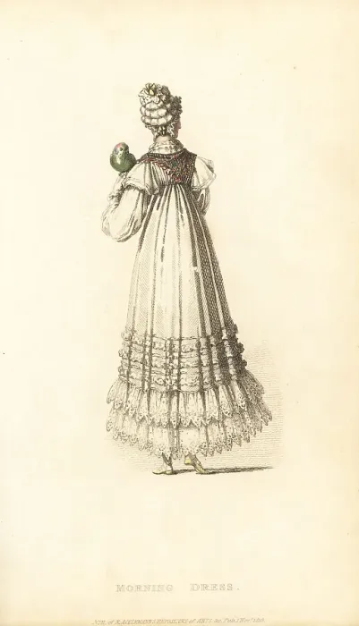 Framed Print : Regency lady in morning dress with pet parrot, 1816 Framed Print : Regency lady in morning dress with pet parrot, 1816