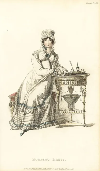 Framed Print : Regency lady in morning dress sealing a letter, 1819 Framed Print : Regency lady in morning dress sealing a letter, 1819