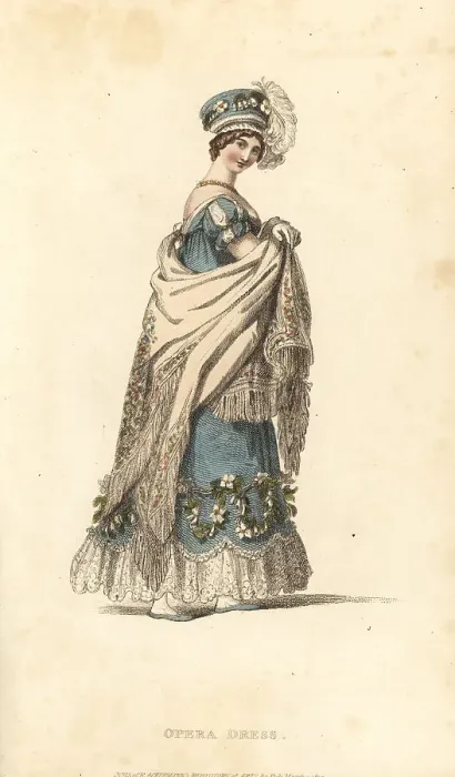 Framed Print : Regency lady in opera dress and toque hat, 1817 Framed Print : Regency lady in opera dress and toque hat, 1817