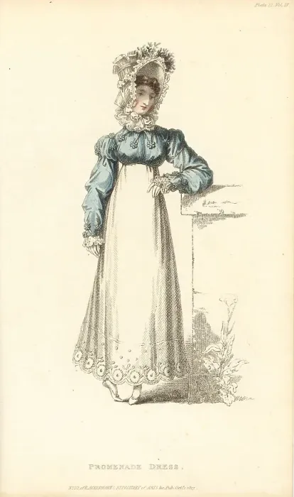 Framed Print : Regency lady in promenade dress and bonnet a la Ninon, 1817 Framed Print : Regency lady in promenade dress and bonnet a la Ninon, 1817