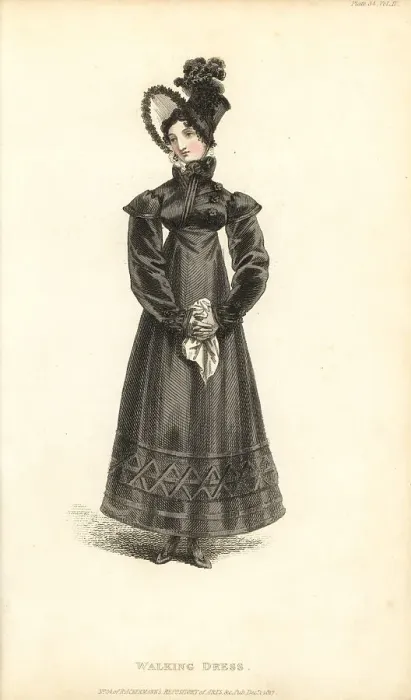 Framed Print : Regency lady in walking dress with Claremnont bonnet, 1817 Framed Print : Regency lady in walking dress with Claremnont bonnet, 1817