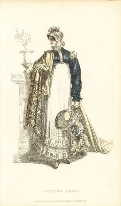 Framed Print : Regency lady in walking dress holding a French bonnet, 1818 Framed Print : Regency lady in walking dress holding a French bonnet, 1818