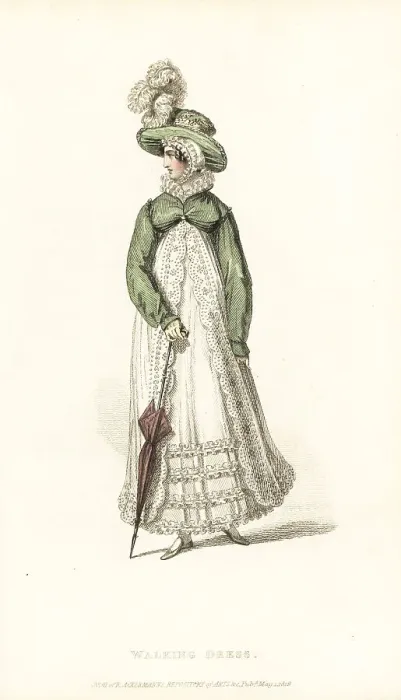 Framed Print : Regency lady in walking dress and new style hat, 1819 Framed Print : Regency lady in walking dress and new style hat, 1819
