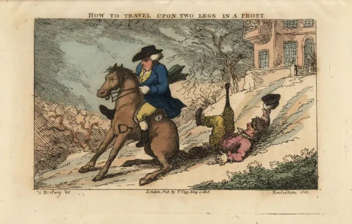 Framed Print : Regency man riding a horse sliding down a hill Framed Print : Regency man riding a horse sliding down a hill