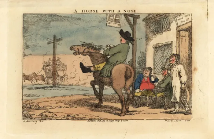 Framed Print : Regency man trying to stop a horse entering a tavern Framed Print : Regency man trying to stop a horse entering a tavern
