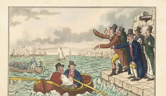 Framed Print : Regency men wave bills at a fleeing English naval officer Framed Print : Regency men wave bills at a fleeing English naval officer