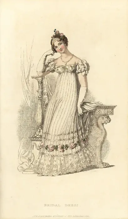 Framed Print : Regency woman in bridal dress designed by Mrs Gill, 1815 Framed Print : Regency woman in bridal dress designed by Mrs Gill, 1815