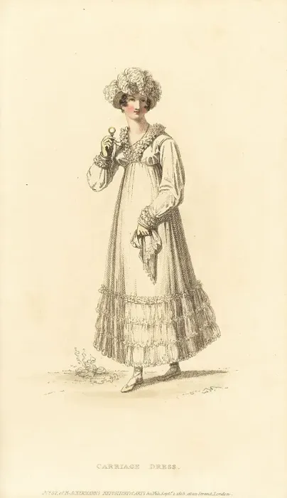 Framed Print : Regency woman in carriage dress with lorgnette, 1815 Framed Print : Regency woman in carriage dress with lorgnette, 1815