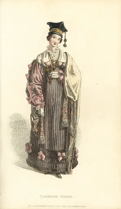 Framed Print : Regency woman in carriage dress and Polish cap, 1816 Framed Print : Regency woman in carriage dress and Polish cap, 1816
